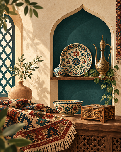 چیدمان صنایع دستی، بافته‌ها و ظروف تزئینی