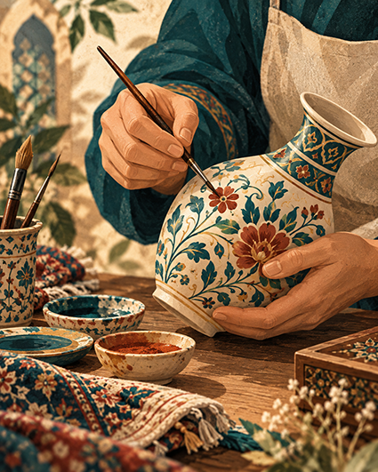 دست هنرمند هنگام نقاشی روی گلدان